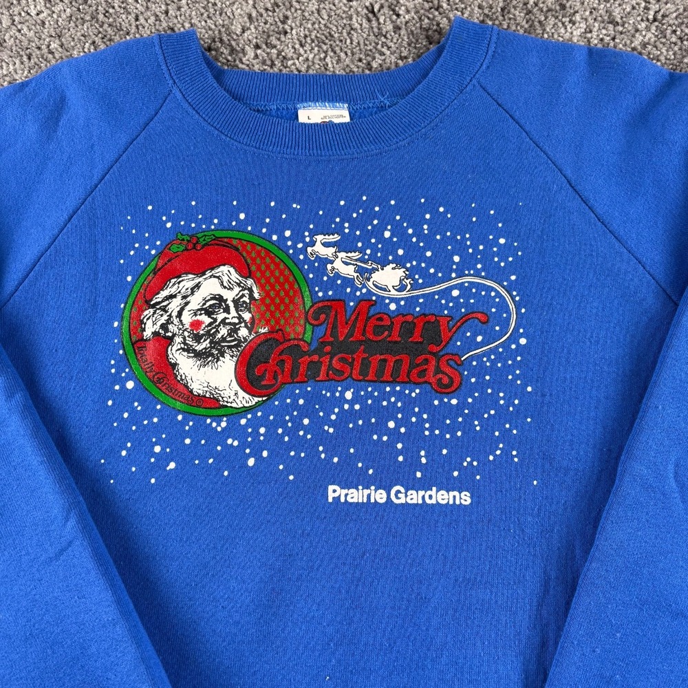 Vintage Merry Christmas Sweatshirt Mens L Blue Prairie Gardens Crewneck Made USA